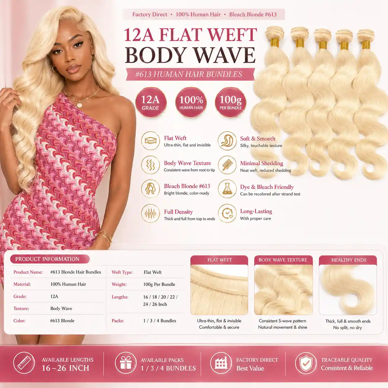 12A #613 Blonde Body Wave Human Hair Bundles Flat Weft 100g