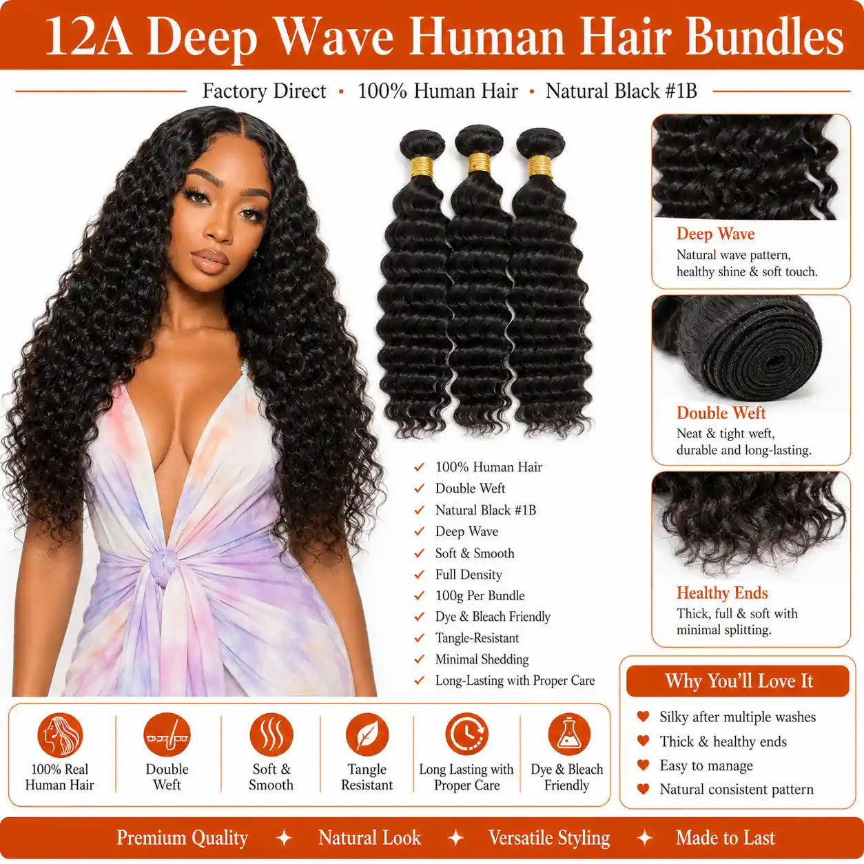 12A Deep Wave Human Hair Bundles Double Weft Hair Extensions