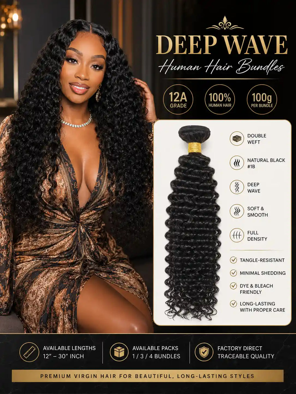 12A Deep Wave Human Hair Bundles Double Weft Hair Extensions