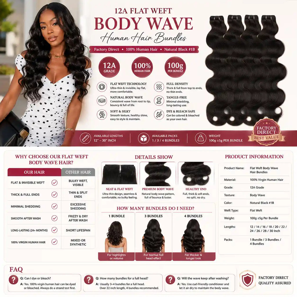 12A Natural Black Body Wave Human Hair Bundles Flat Weft 100g