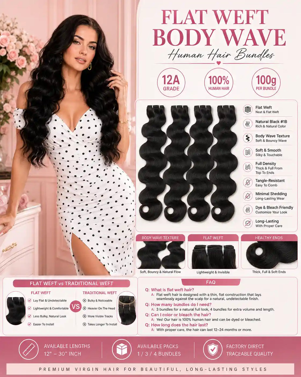 12A Natural Black Body Wave Human Hair Bundles Flat Weft 100g