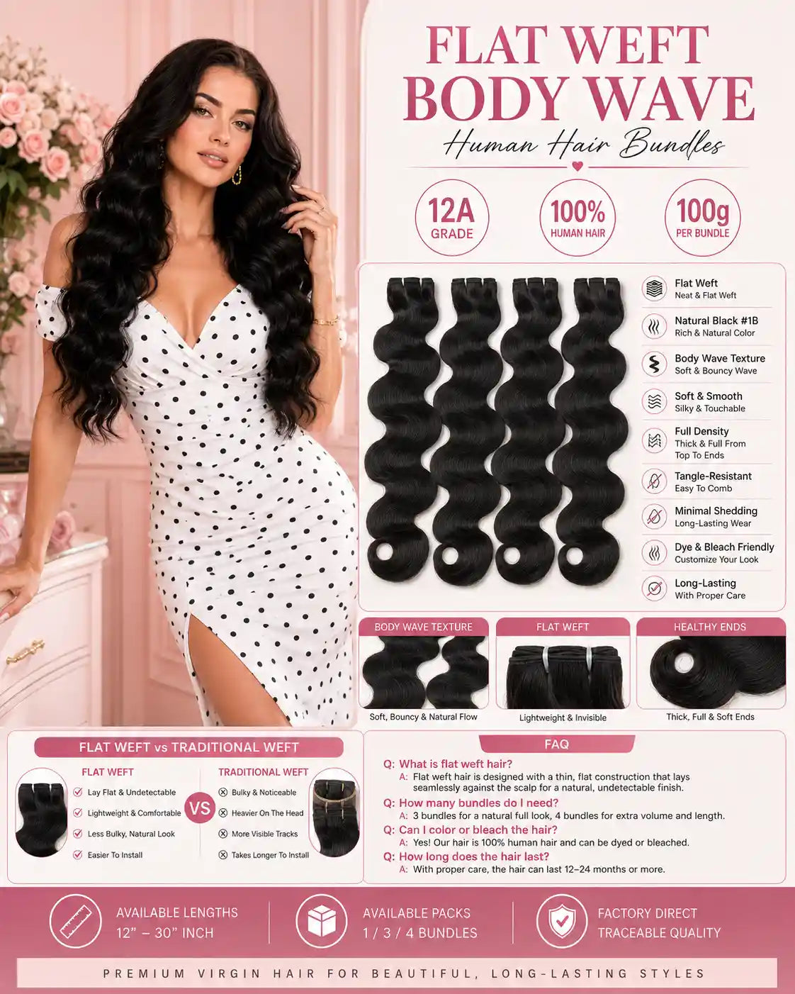 12A Natural Black Body Wave Human Hair Bundles Flat Weft 100g