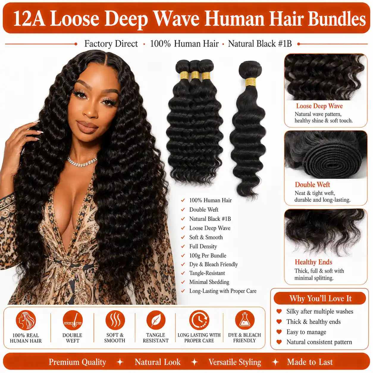 12A Loose Deep Wave Human Hair Bundles Double Weft Hair Extensions