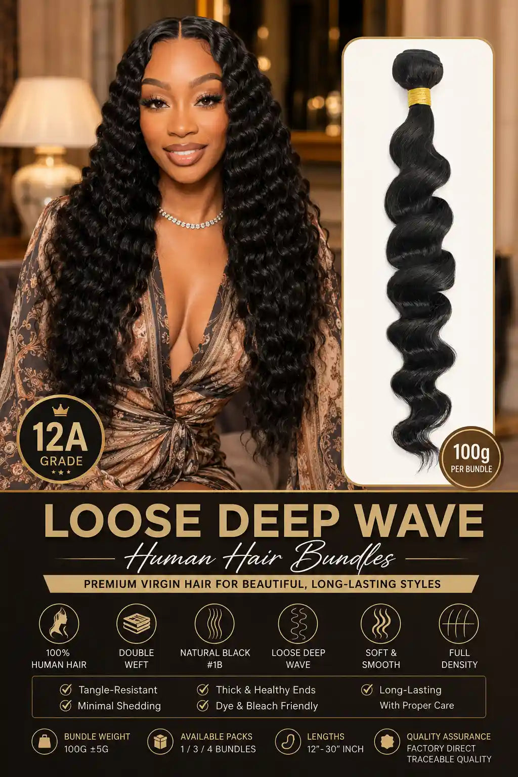 12A Loose Deep Wave Human Hair Bundles Double Weft Hair Extensions