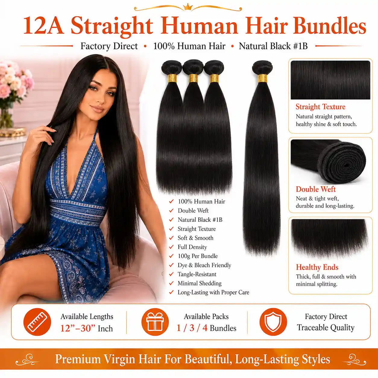 12A Straight Human Hair Bundles Double Weft