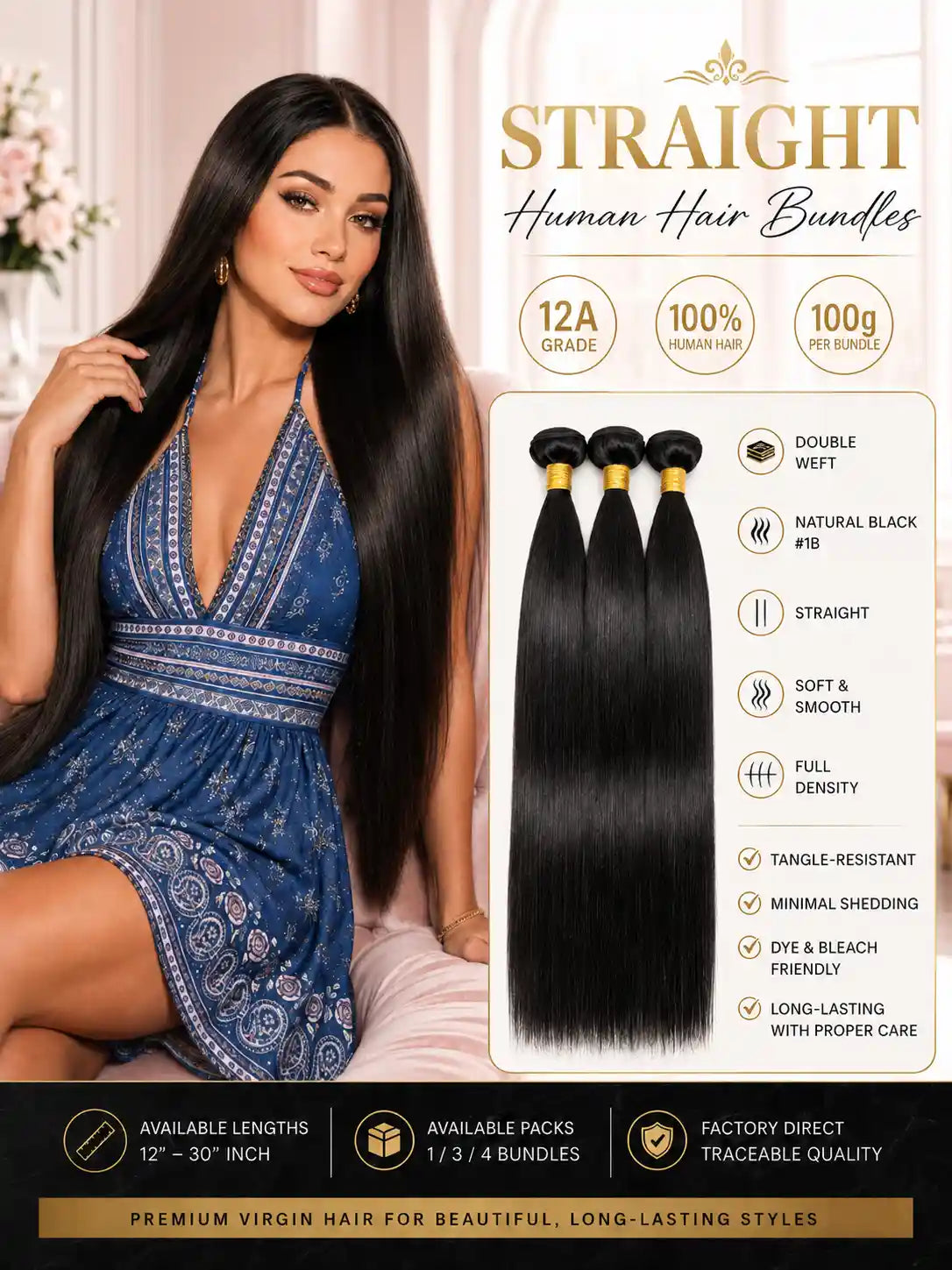 12A Straight Human Hair Bundles Double Weft