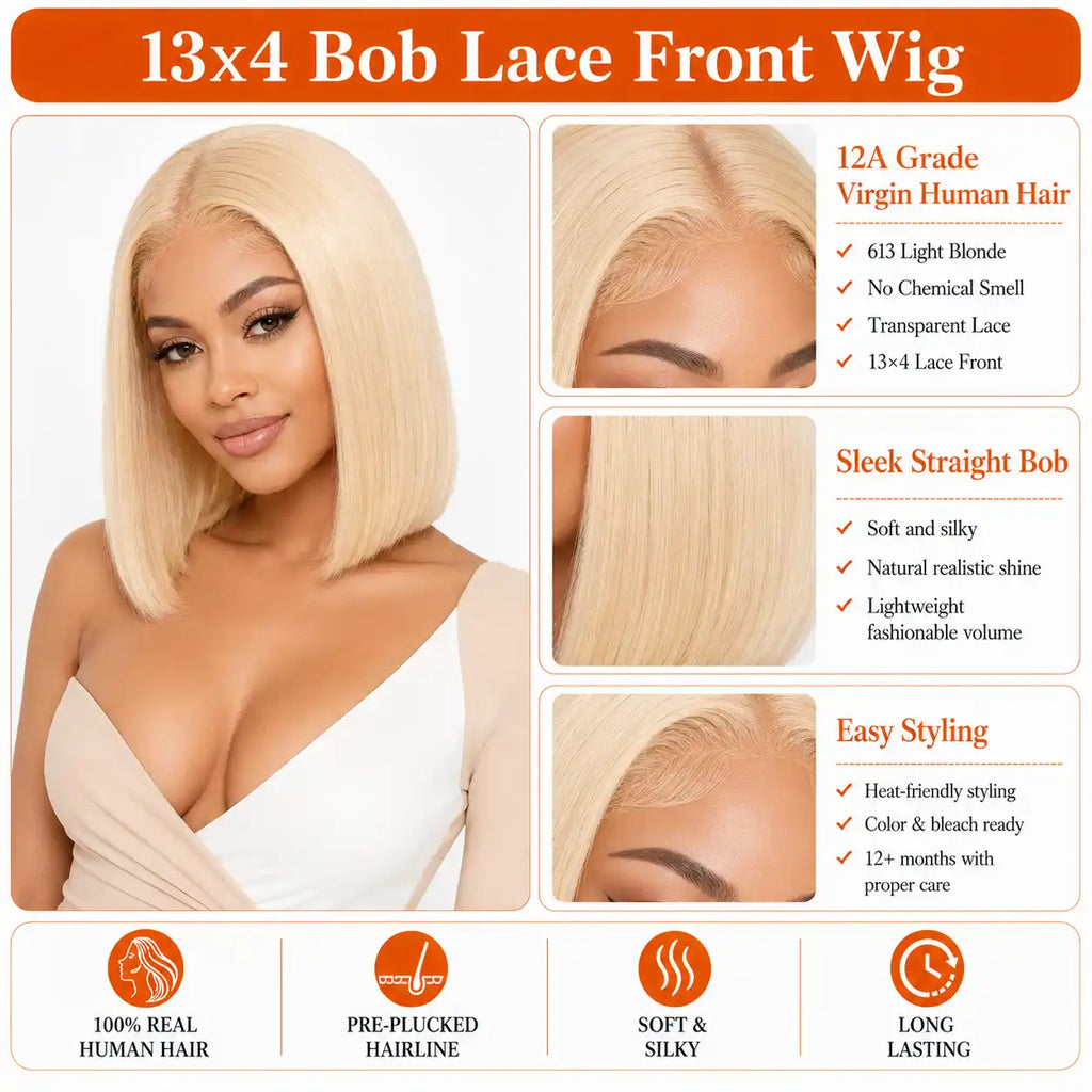 13x4 613 Blonde Straight Bob Human Hair Wig HD Lace Pre-Plucked Glueless Cap