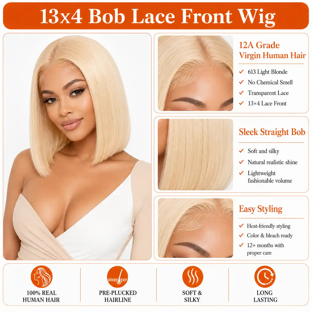 13x4 613 Blonde Straight Bob Human Hair Wig HD Lace Pre-Plucked Glueless Cap