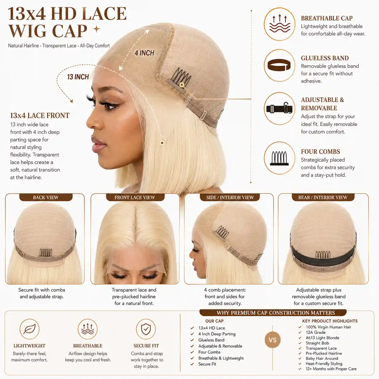 13x4 613 Blonde Straight Bob Human Hair Wig HD Lace Pre-Plucked Glueless Cap