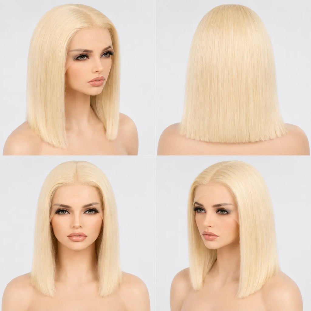 13x4 613 Blonde Straight Bob Human Hair Wig HD Lace Pre-Plucked Glueless Cap