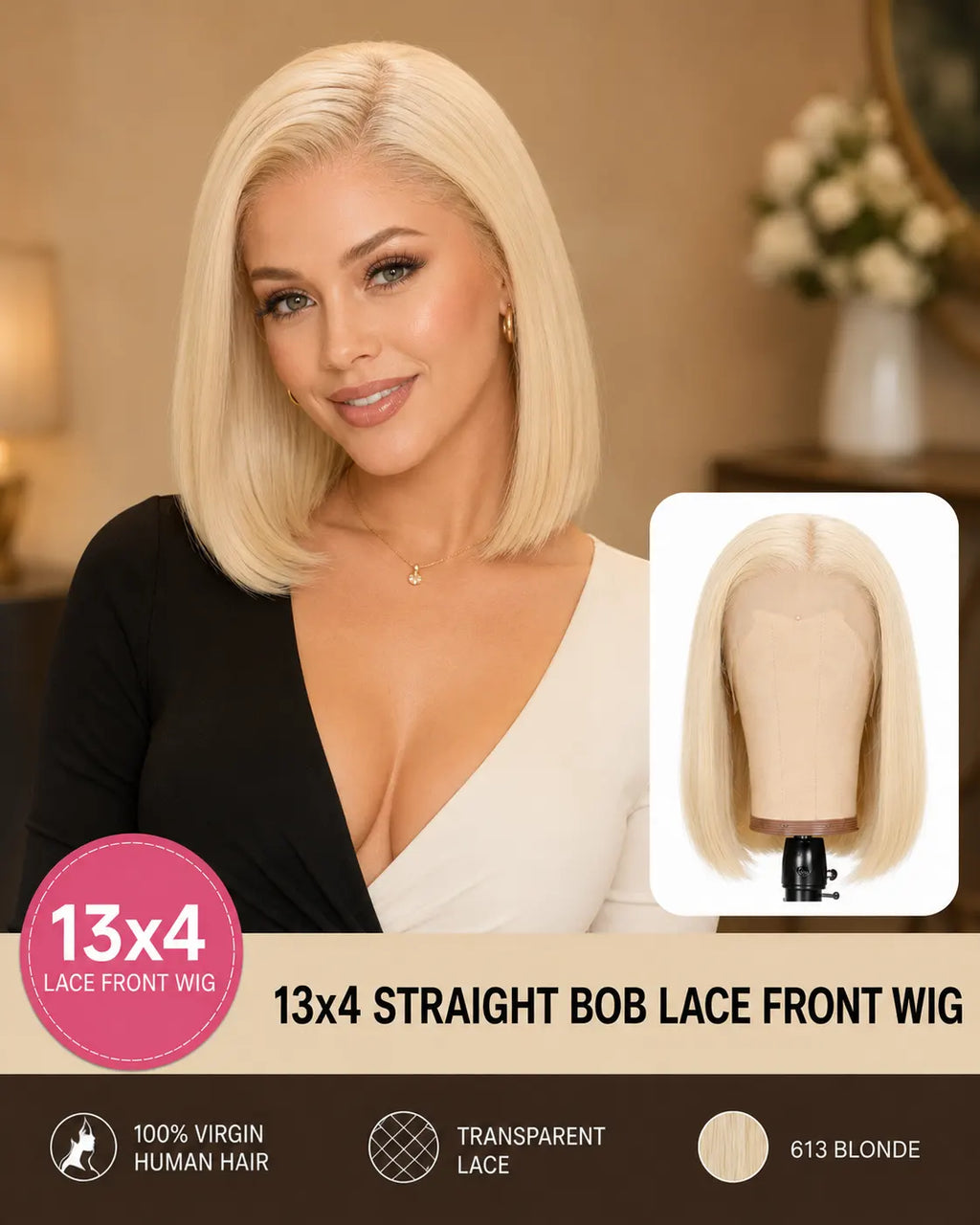 13x4 613 Blonde Straight Bob Human Hair Wig HD Lace Pre-Plucked Glueless Cap
