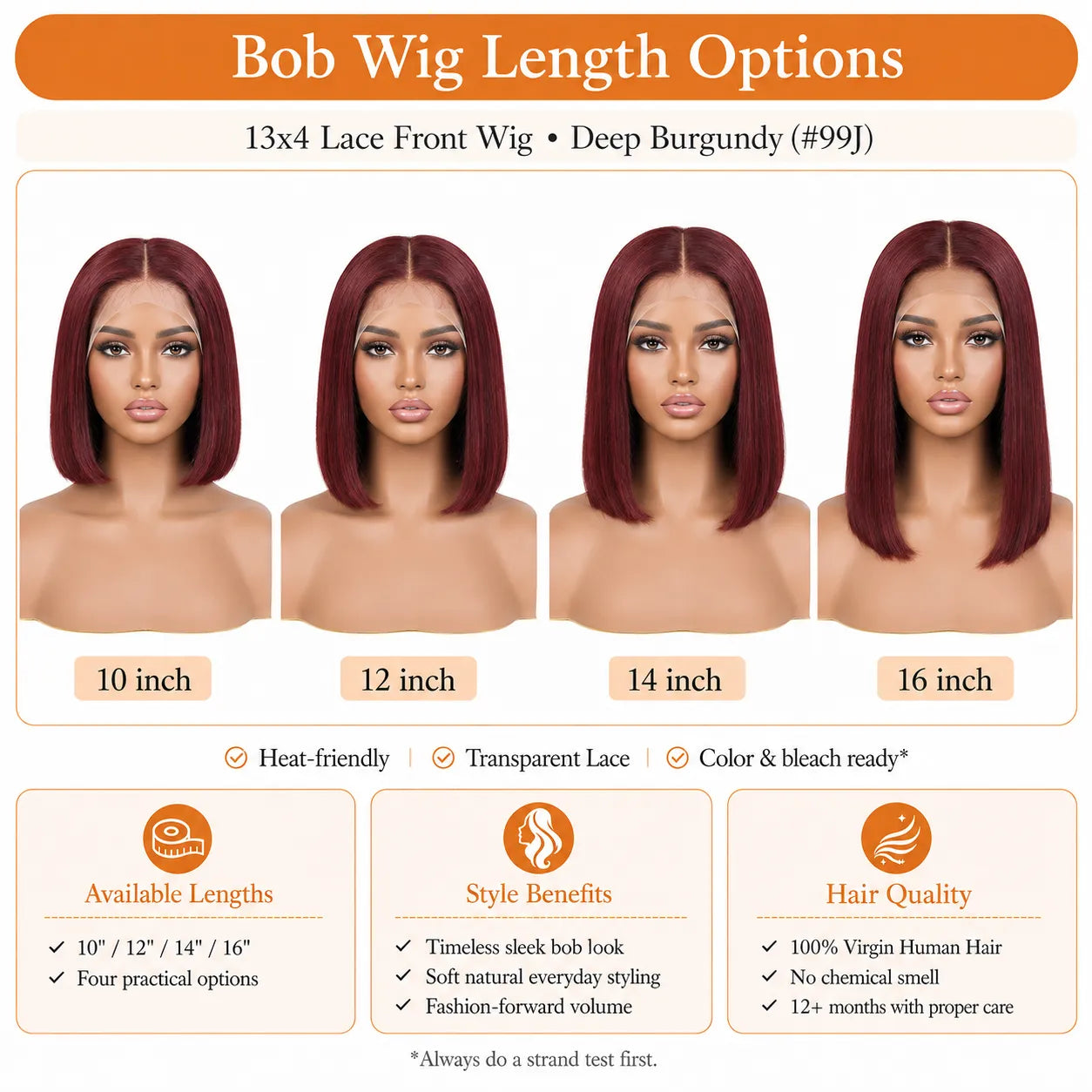 13x4 Straight Bob Virgin Human Hair Lace Front Wig with Transparent Lace