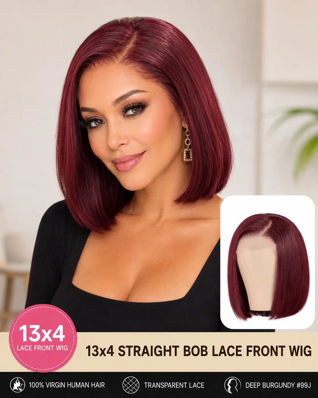 13x4 Straight Bob Virgin Human Hair Lace Front Wig with Transparent Lace