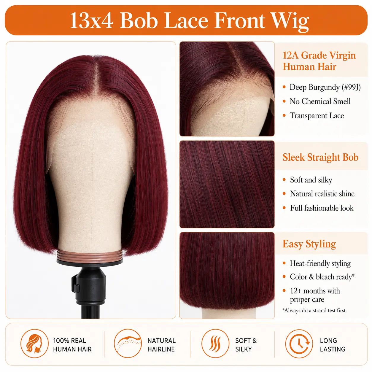 13x4 Straight Bob Virgin Human Hair Lace Front Wig with Transparent Lace
