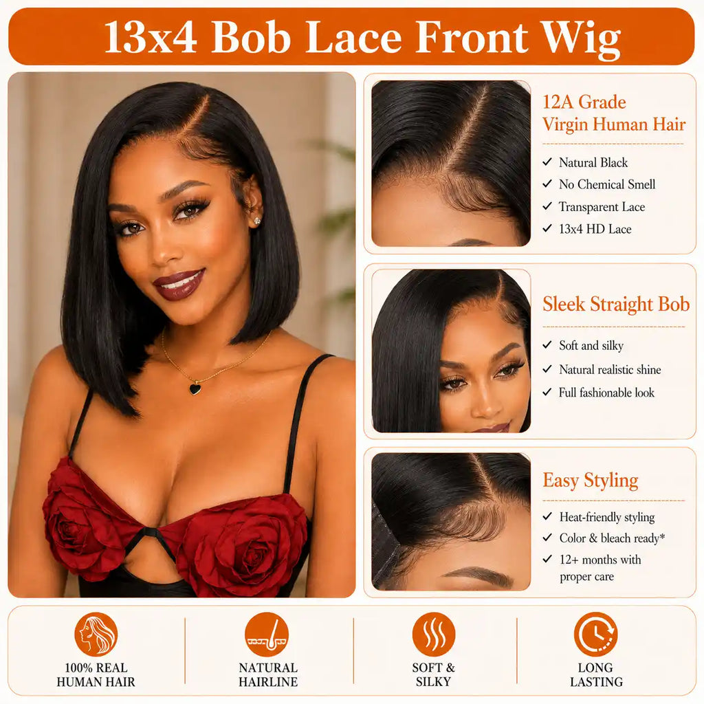 13x4 Natural Black Straight Bob Human Hair Wig HD Lace Glueless Cap