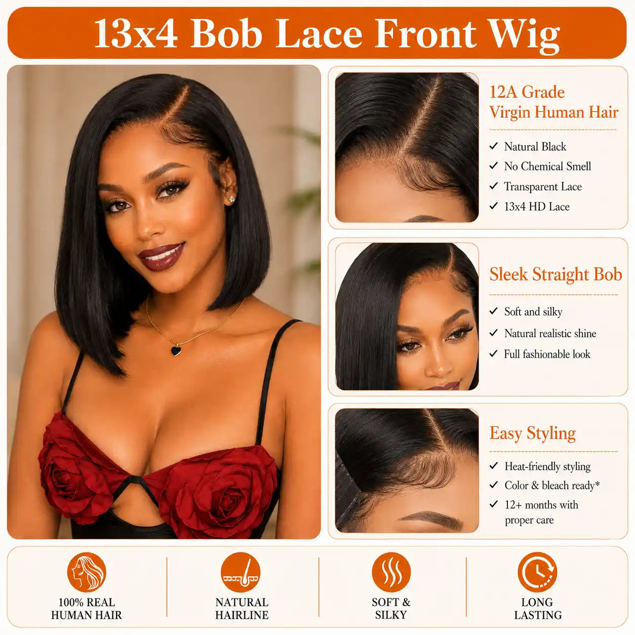 13x4 Natural Black Straight Bob Human Hair Wig HD Lace Glueless Cap