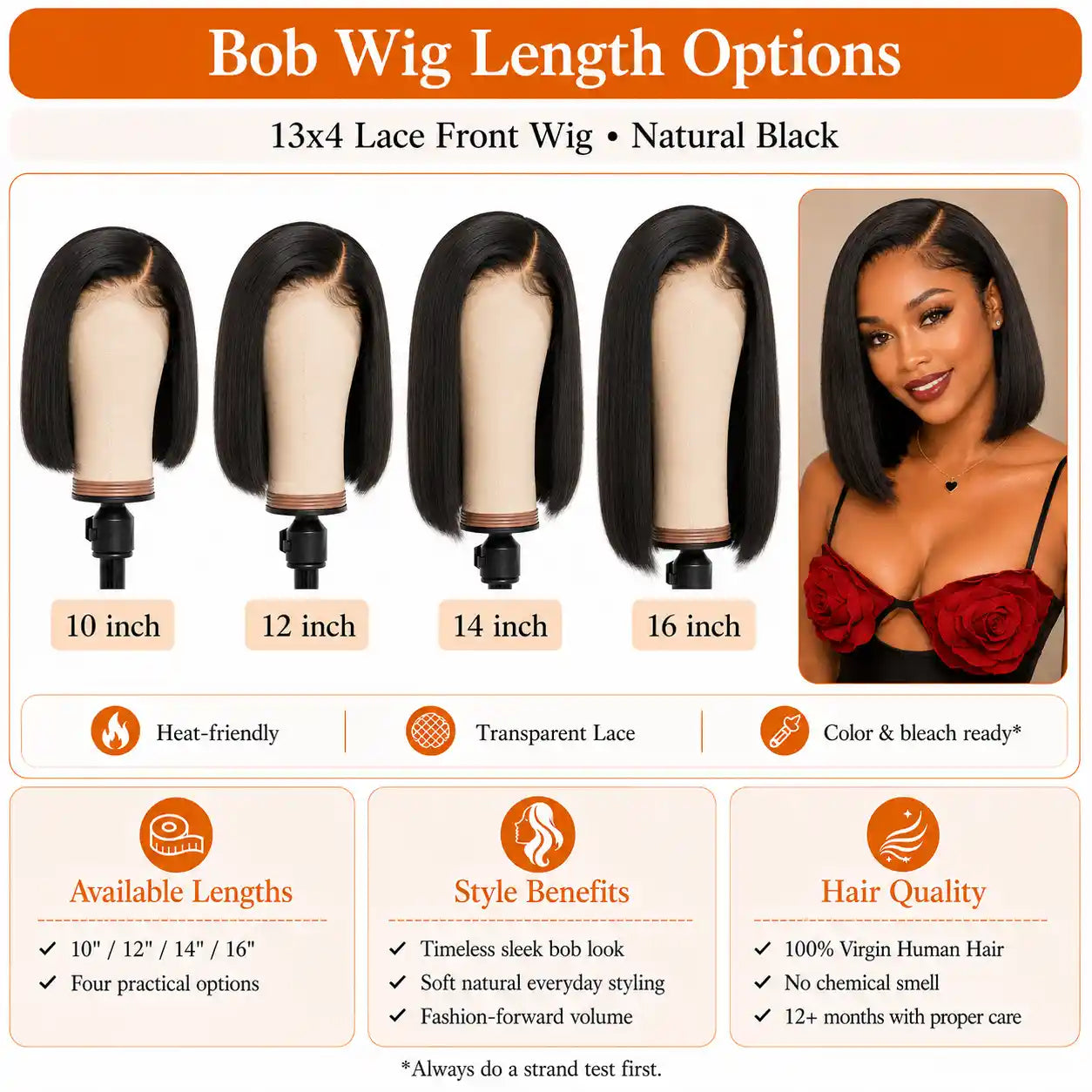 13x4 Natural Black Straight Bob Human Hair Wig HD Lace Glueless Cap