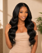Model wearing 13x4 body wave lace frontal human hair front view