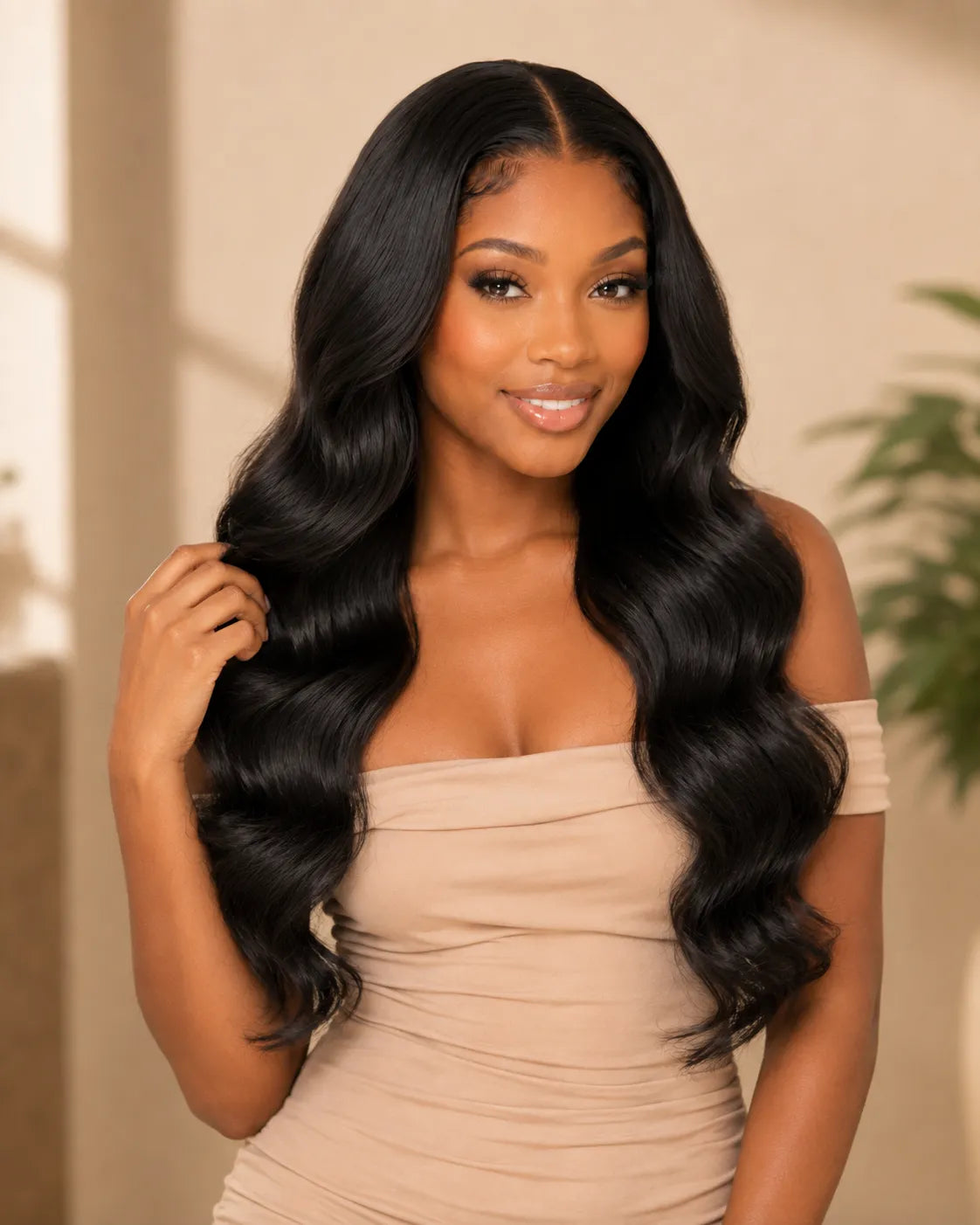 Model wearing 13x4 body wave lace frontal human hair front view