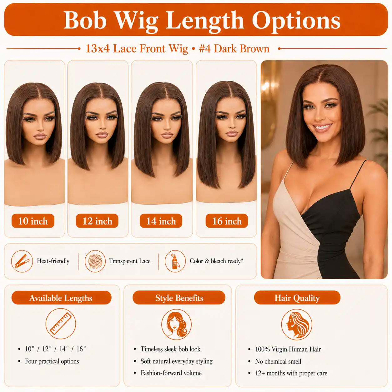 13x4 #4 Dark Brown Straight Bob Human Hair Wig HD Lace Glueless Cap