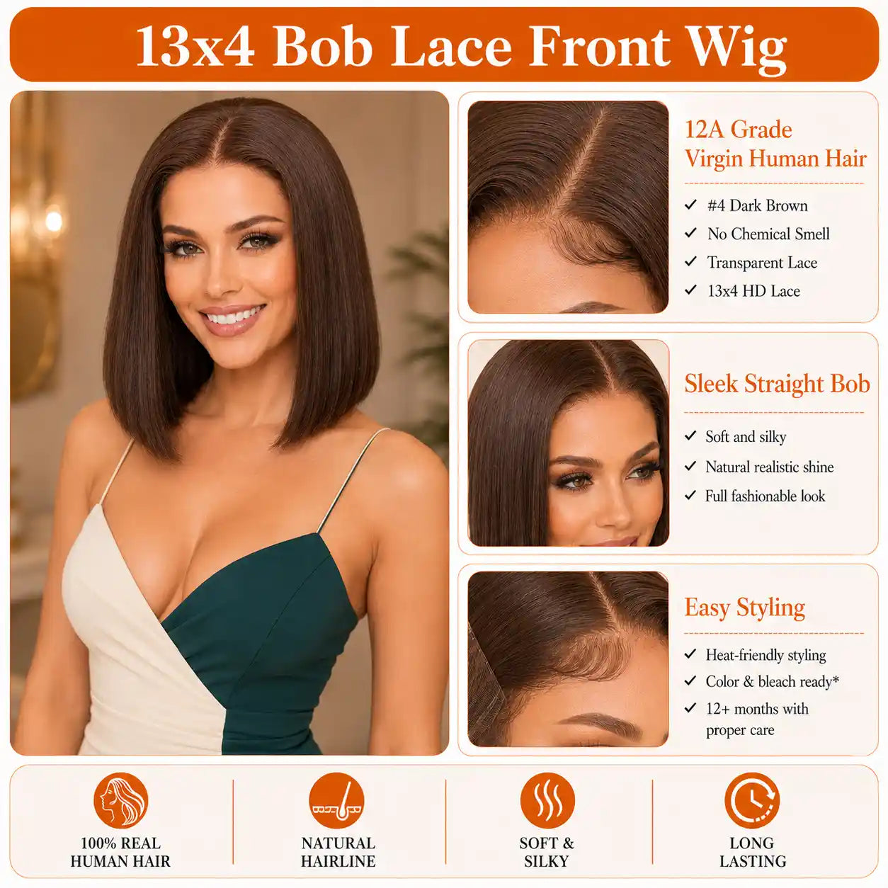 13x4 #4 Dark Brown Straight Bob Human Hair Wig HD Lace Glueless Cap