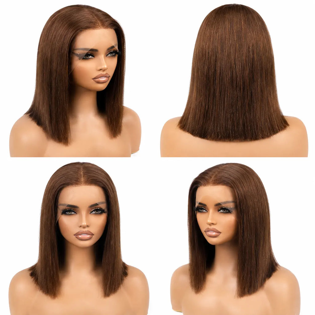 13x4 #4 Dark Brown Straight Bob Human Hair Wig HD Lace Glueless Cap