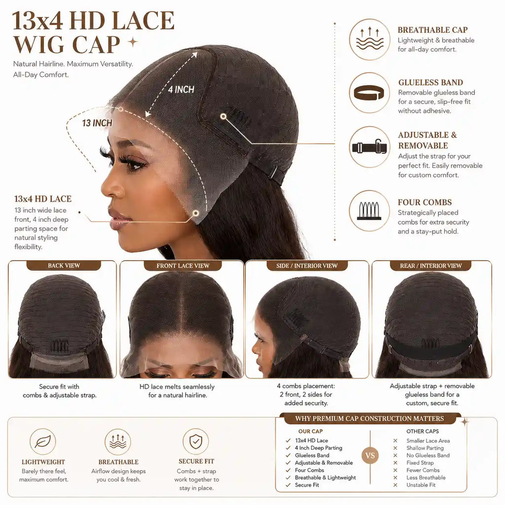 13x4 #4 Dark Brown Straight Bob Human Hair Wig HD Lace Glueless Cap