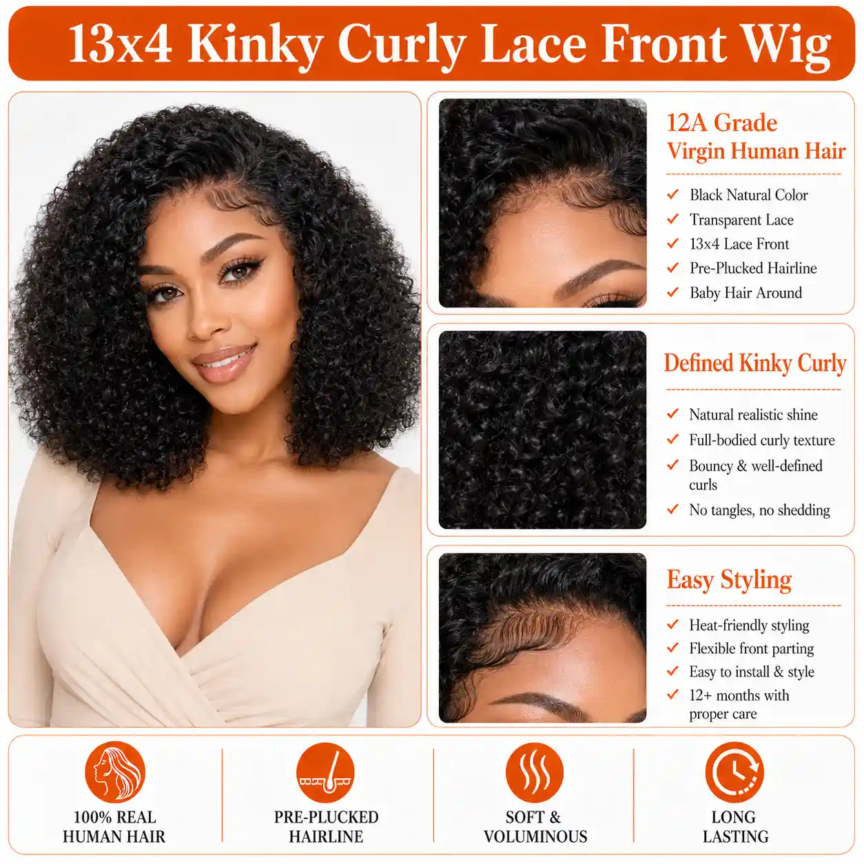 13x4 Kinky Curly Bob Lace Front Wig 100% Human Hair Pre-Plucked Glueless