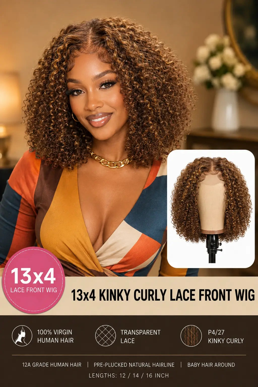 13x4 Kinky Curly Bob Lace Front Wig 100% Human Hair Pre-Plucked Glueless