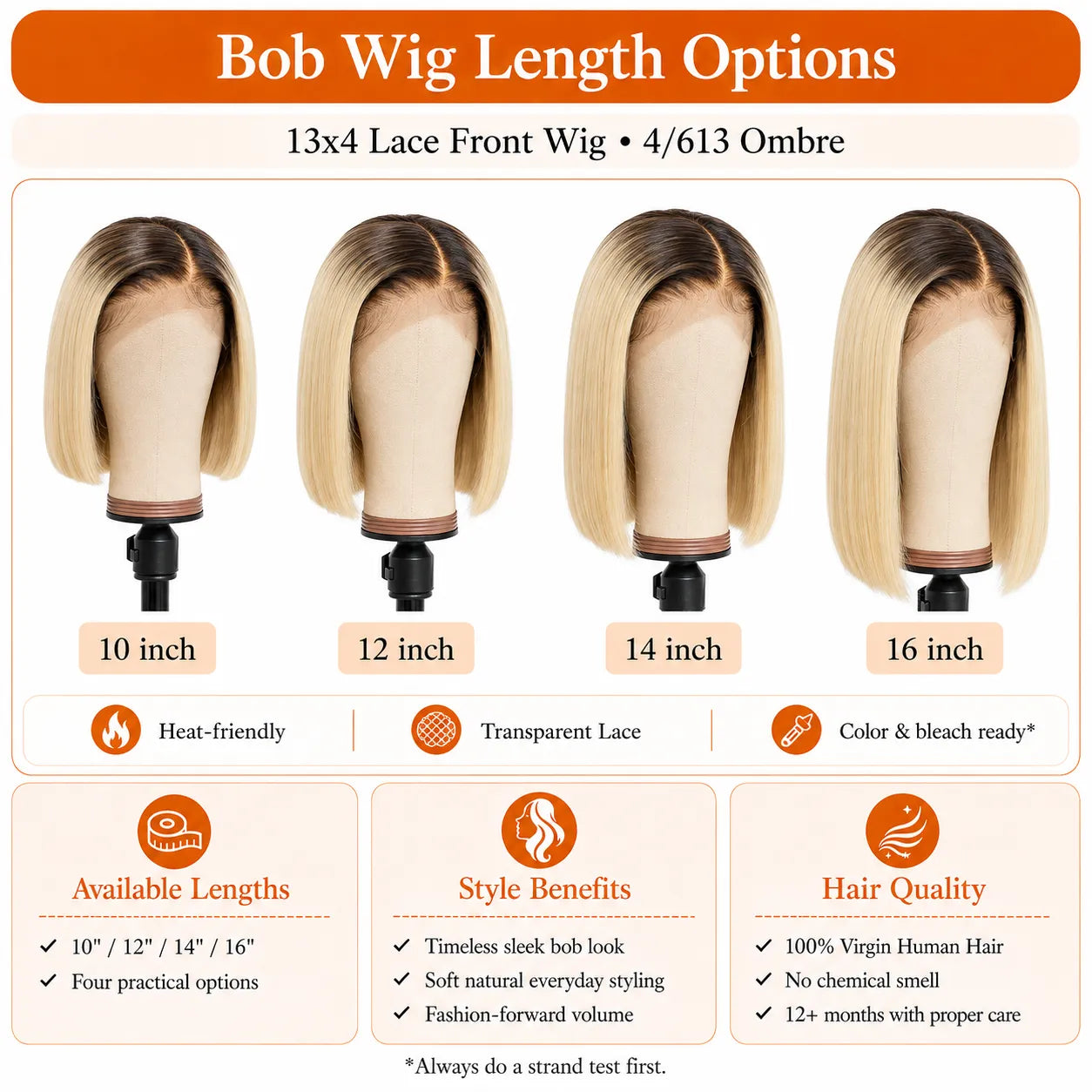 13x4 Straight Bob Lace Front Human Hair Wig with Transparent Lace