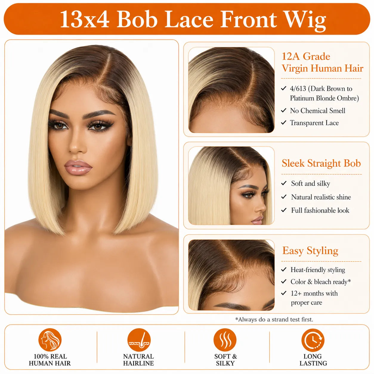 13x4 Straight Bob Lace Front Human Hair Wig with Transparent Lace