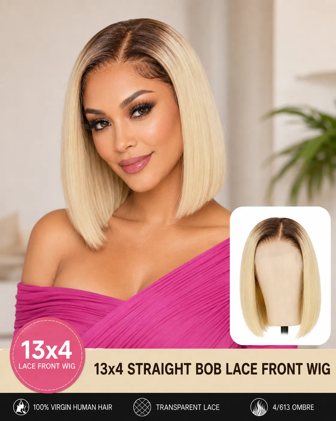 13x4 Straight Bob Lace Front Human Hair Wig with Transparent Lace