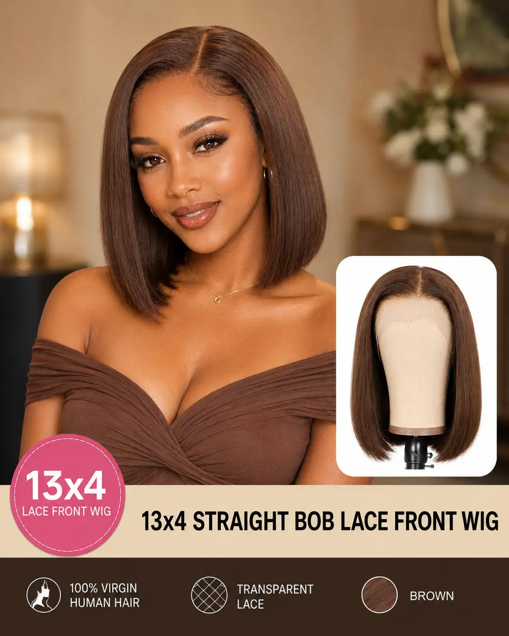 13x4 #4 Dark Brown Straight Bob Human Hair Wig HD Lace Glueless Cap