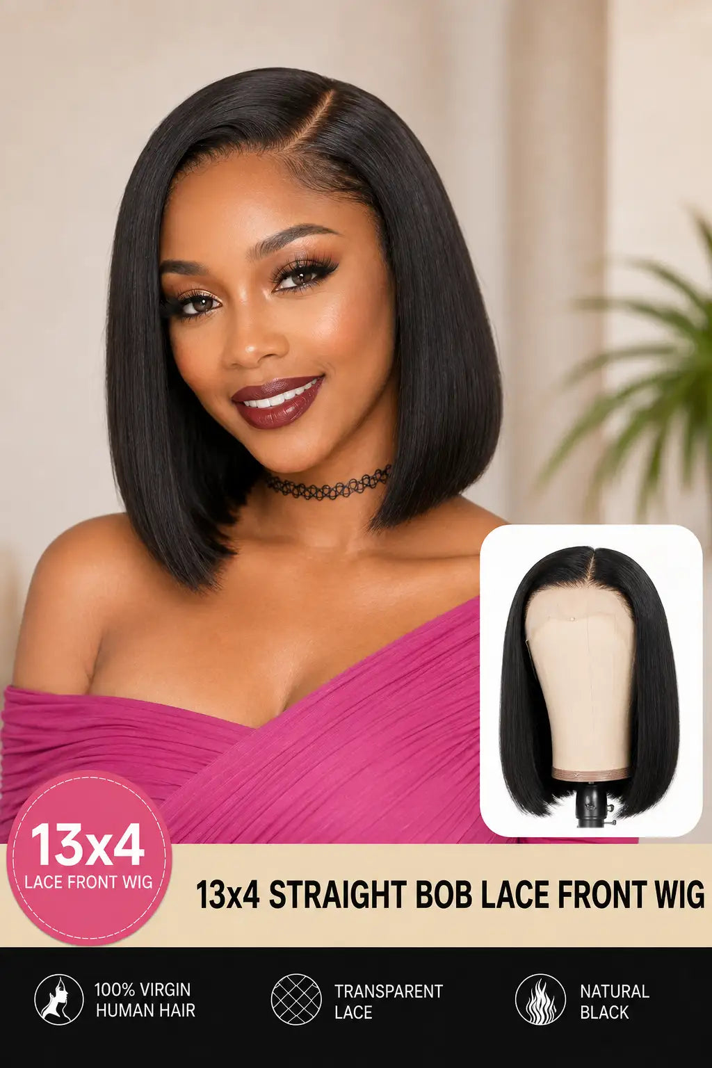 13x4 Natural Black Straight Bob Human Hair Wig HD Lace Glueless Cap