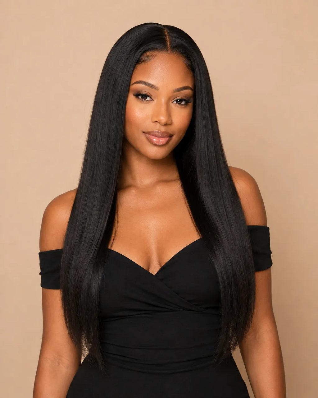 Model wearing 13x4 straight lace frontal human hair front view
