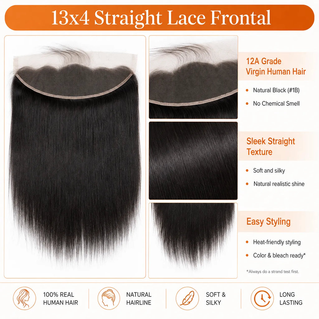13x4 straight lace frontal human hair product details and lace infographic