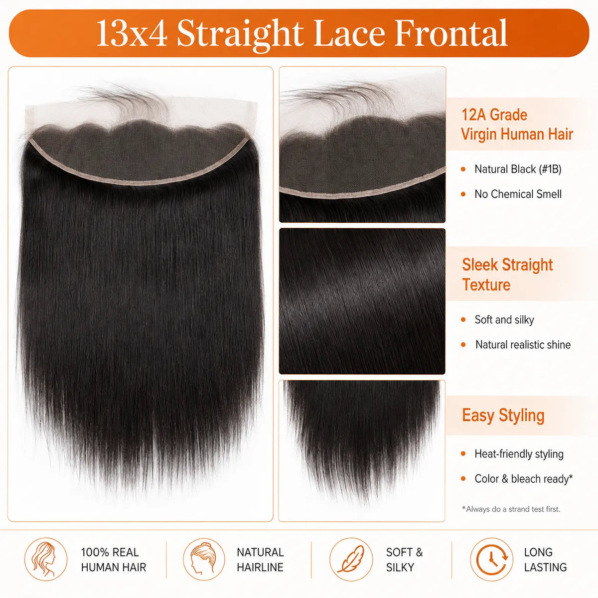 13x4 straight lace frontal human hair product details and lace infographic
