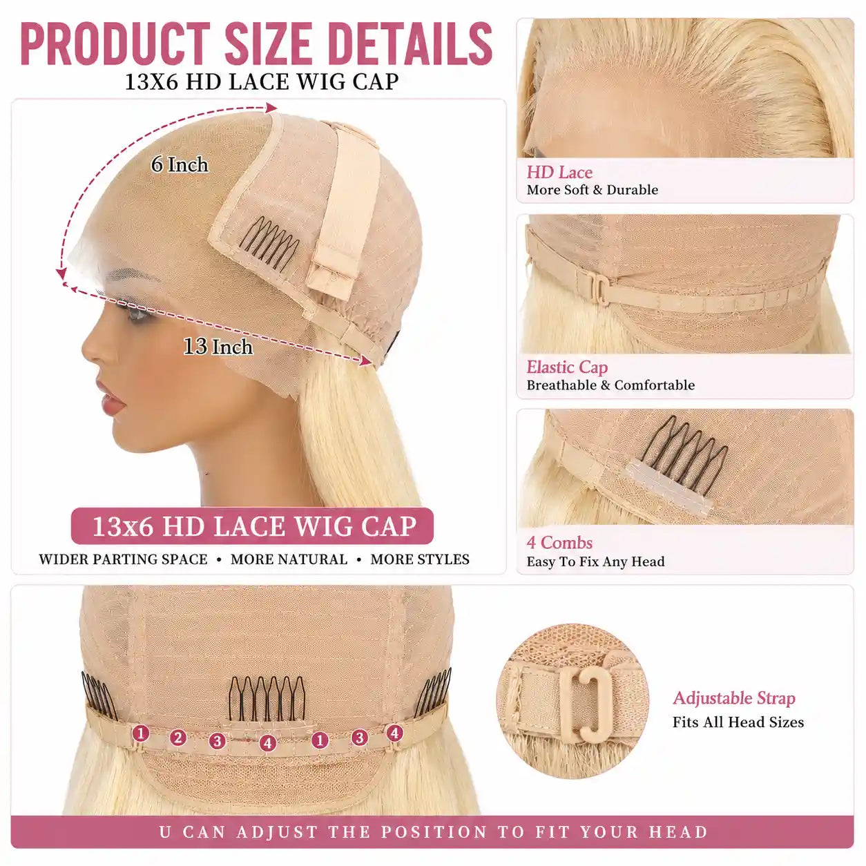13x6 HD Lace Front Wig 100% Human Hair #613 Blonde Straight 180% Density Glueless