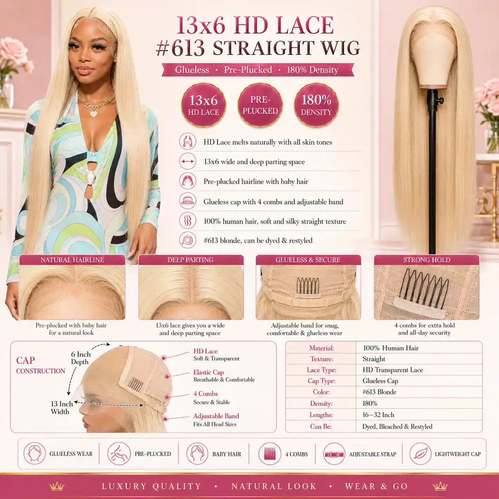 13x6 HD Lace Front Wig 100% Human Hair #613 Blonde Straight 180% Density Glueless