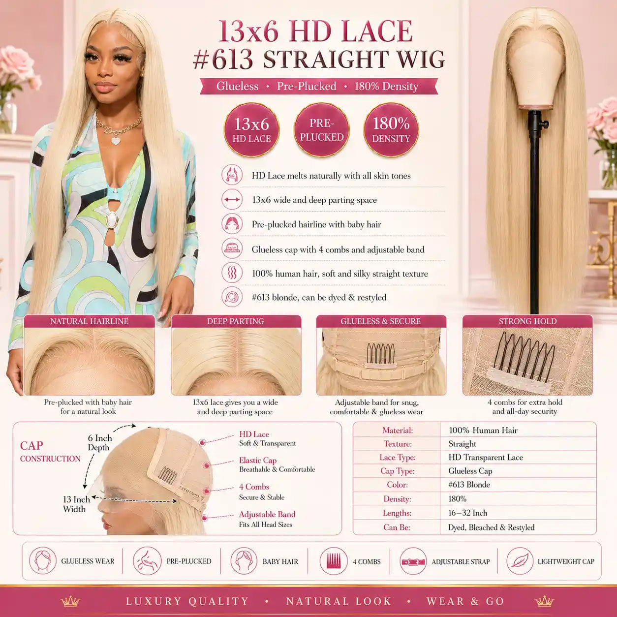 13x6 HD Lace Front Wig 100% Human Hair #613 Blonde Straight 180% Density Glueless