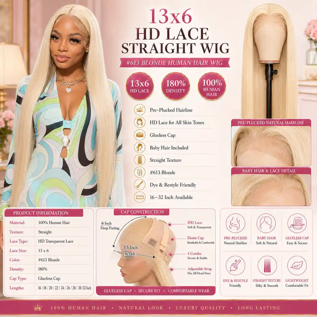 13x6 HD Lace Front Wig 100% Human Hair #613 Blonde Straight 180% Density Glueless