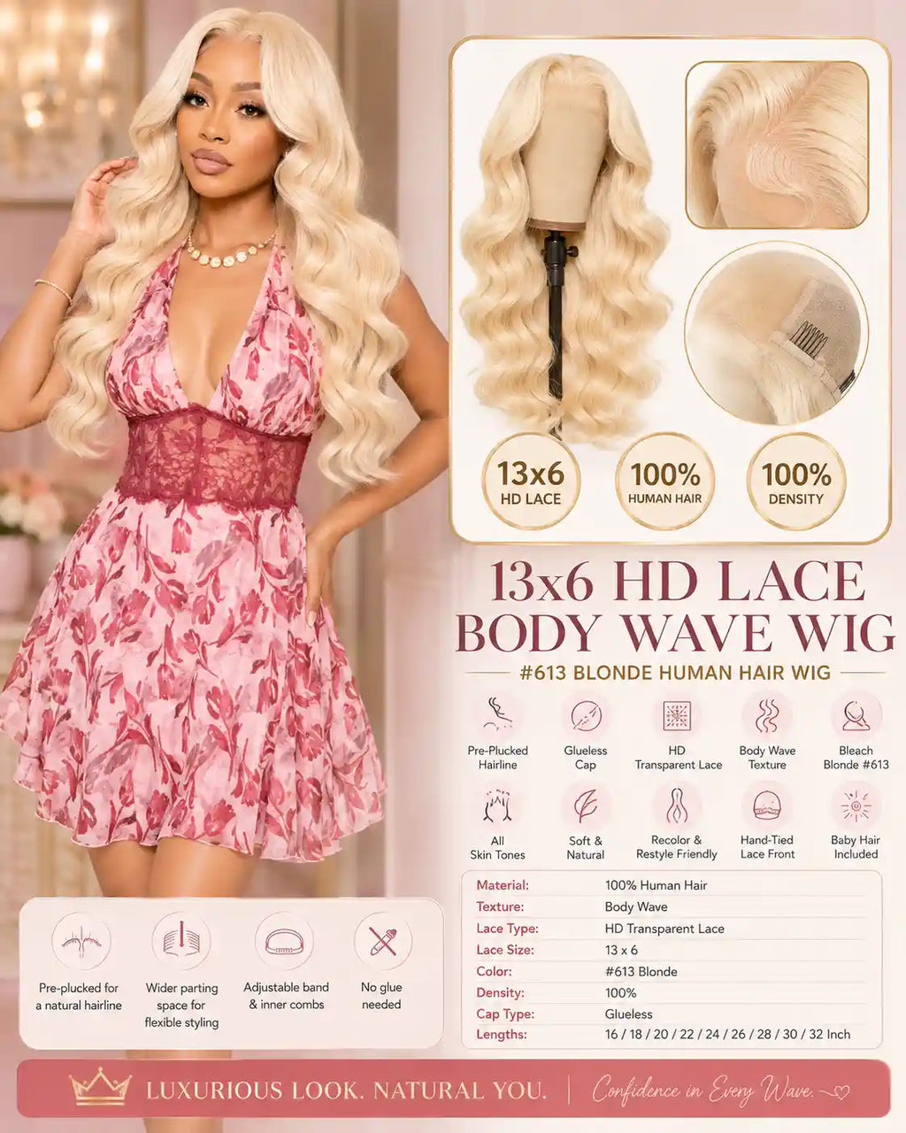 13x6 HD Lace Body Wave Wig 100% Human Hair #613 Blonde Glueless