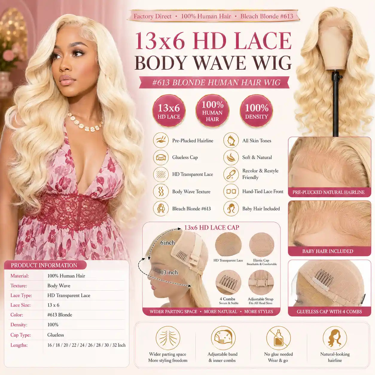 13x6 HD Lace Body Wave Wig 100% Human Hair #613 Blonde Glueless