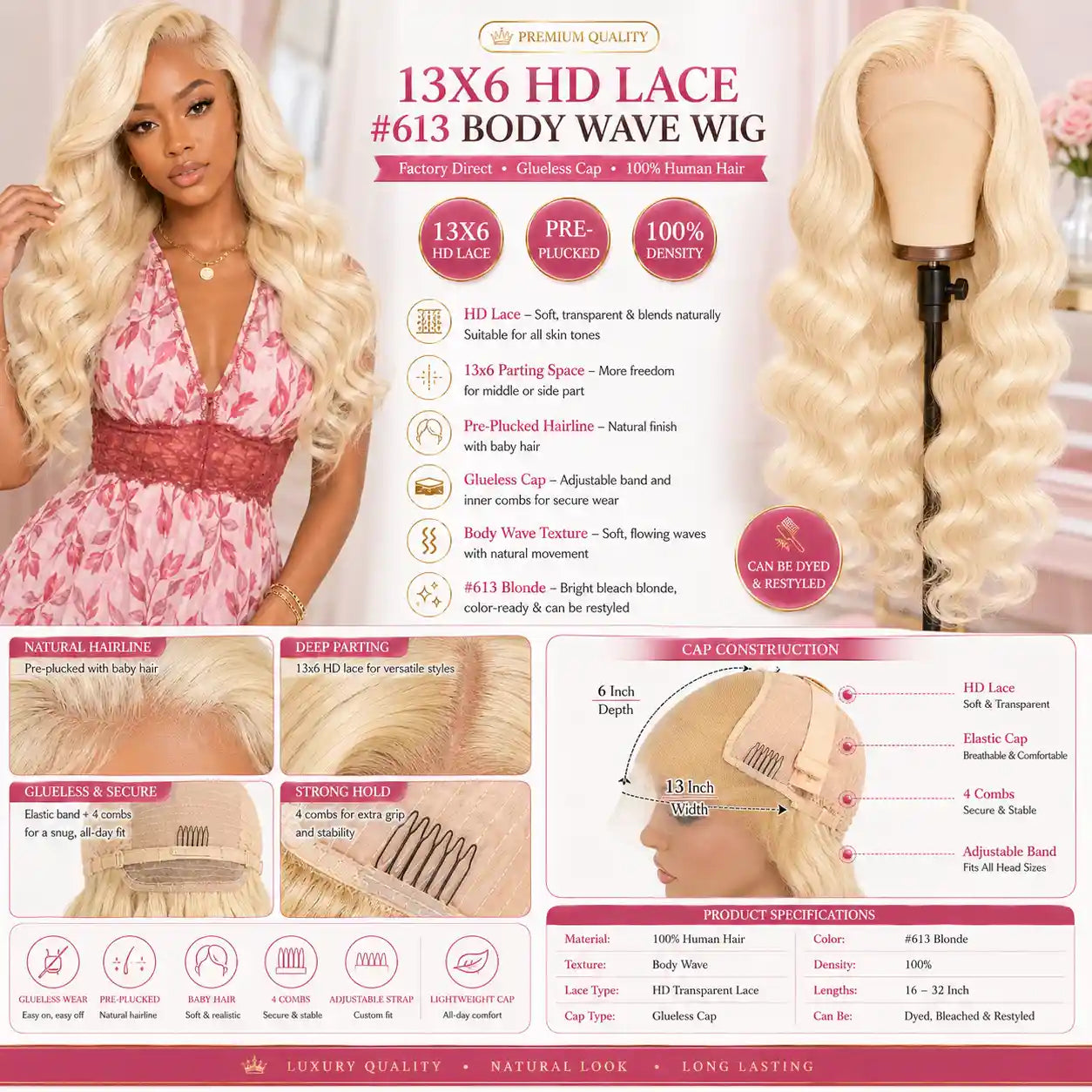 13x6 HD Lace Body Wave Wig 100% Human Hair #613 Blonde Glueless