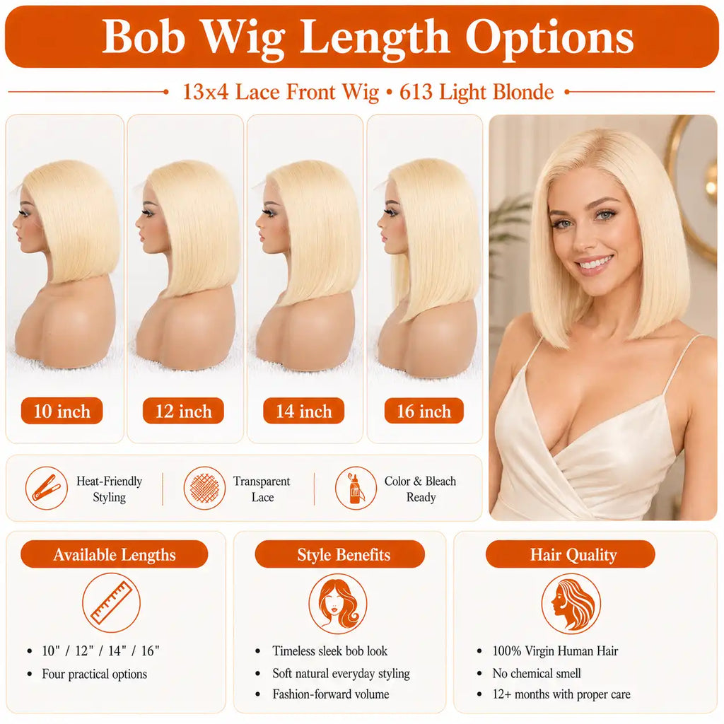 13x4 613 Blonde Straight Bob Human Hair Wig HD Lace Pre-Plucked Glueless Cap