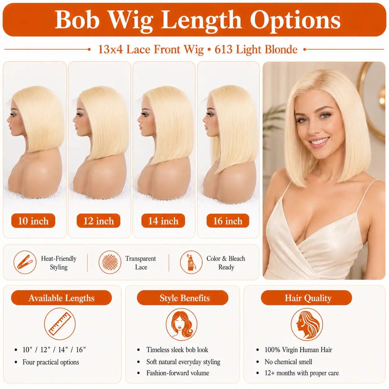 13x4 613 Blonde Straight Bob Human Hair Wig HD Lace Pre-Plucked Glueless Cap