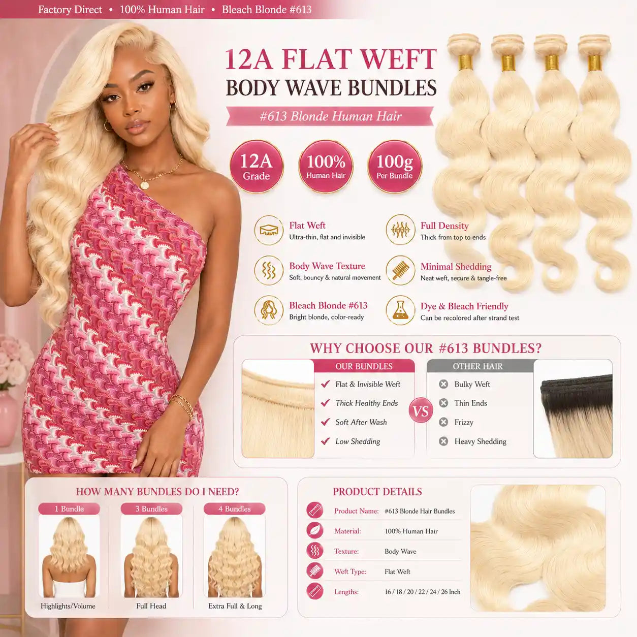 12A #613 Blonde Body Wave Human Hair Bundles Flat Weft 100g