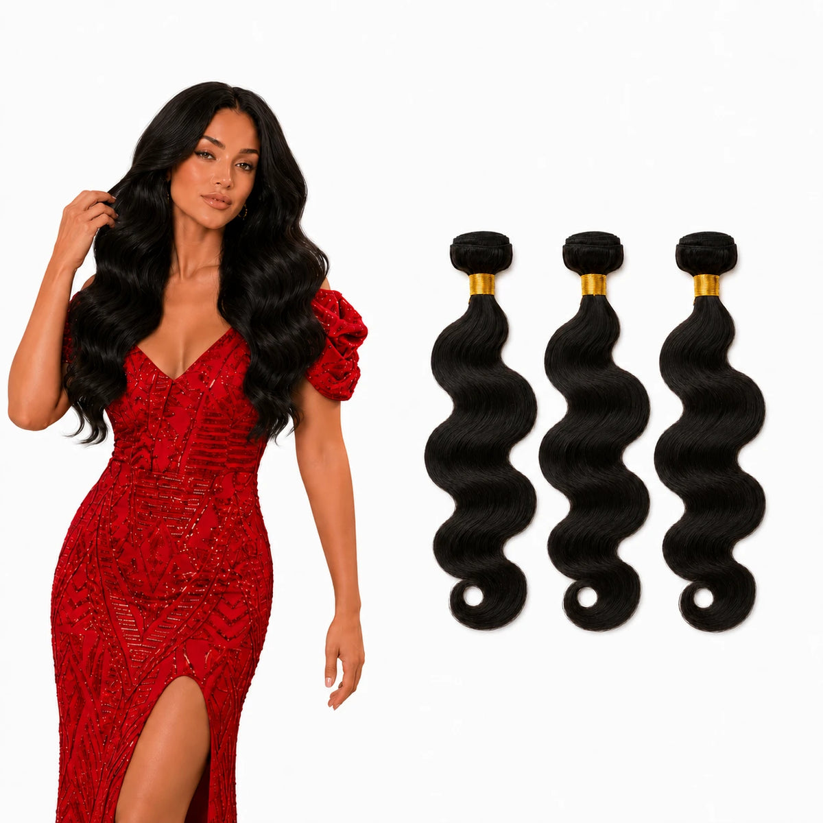 Three bundles of body wave 100% human hair extensions on white background
