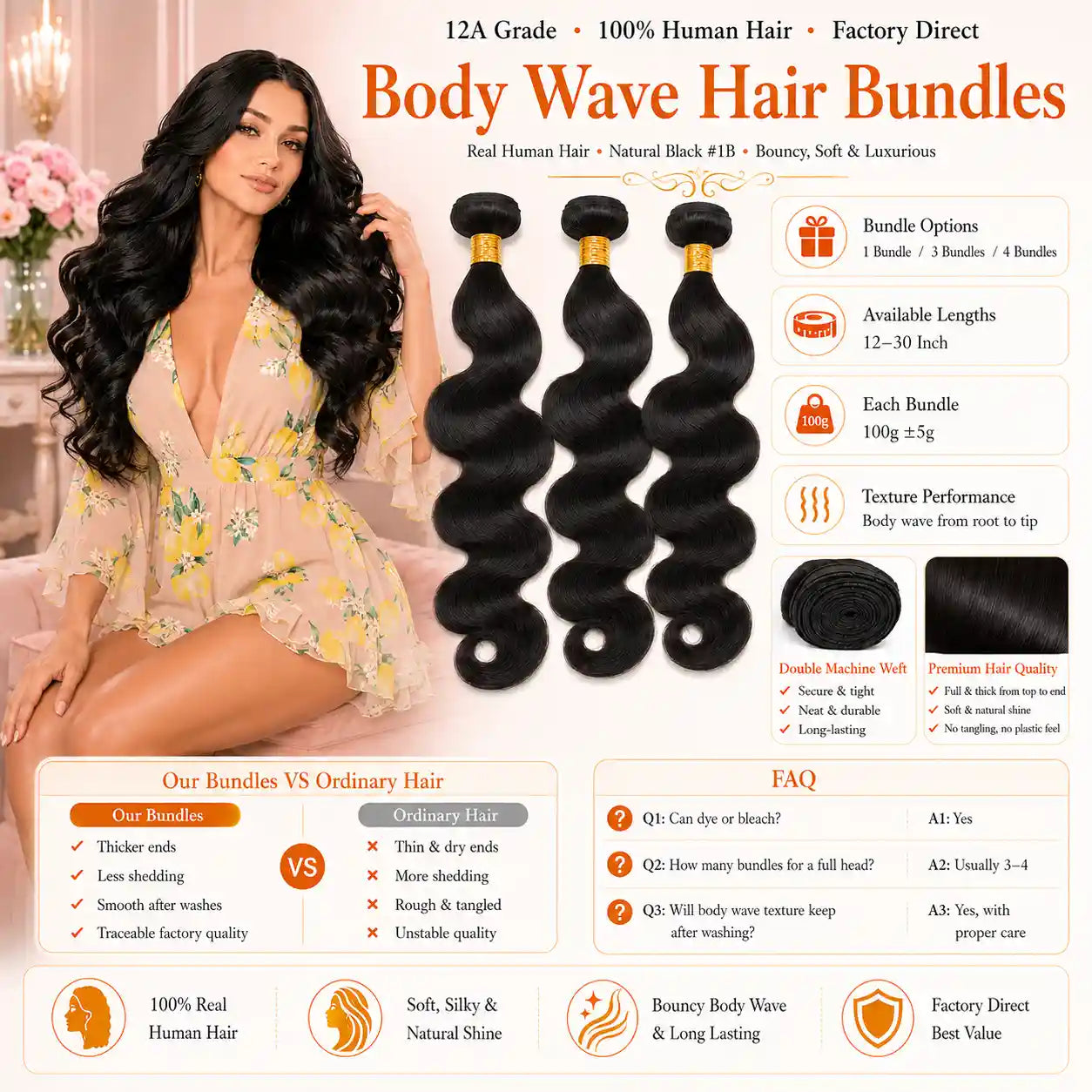 12A Natural Black Body Wave Human Hair Bundles Double Weft 100g