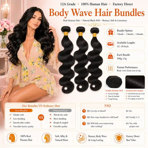 12A Natural Black Body Wave Human Hair Bundles Double Weft 100g